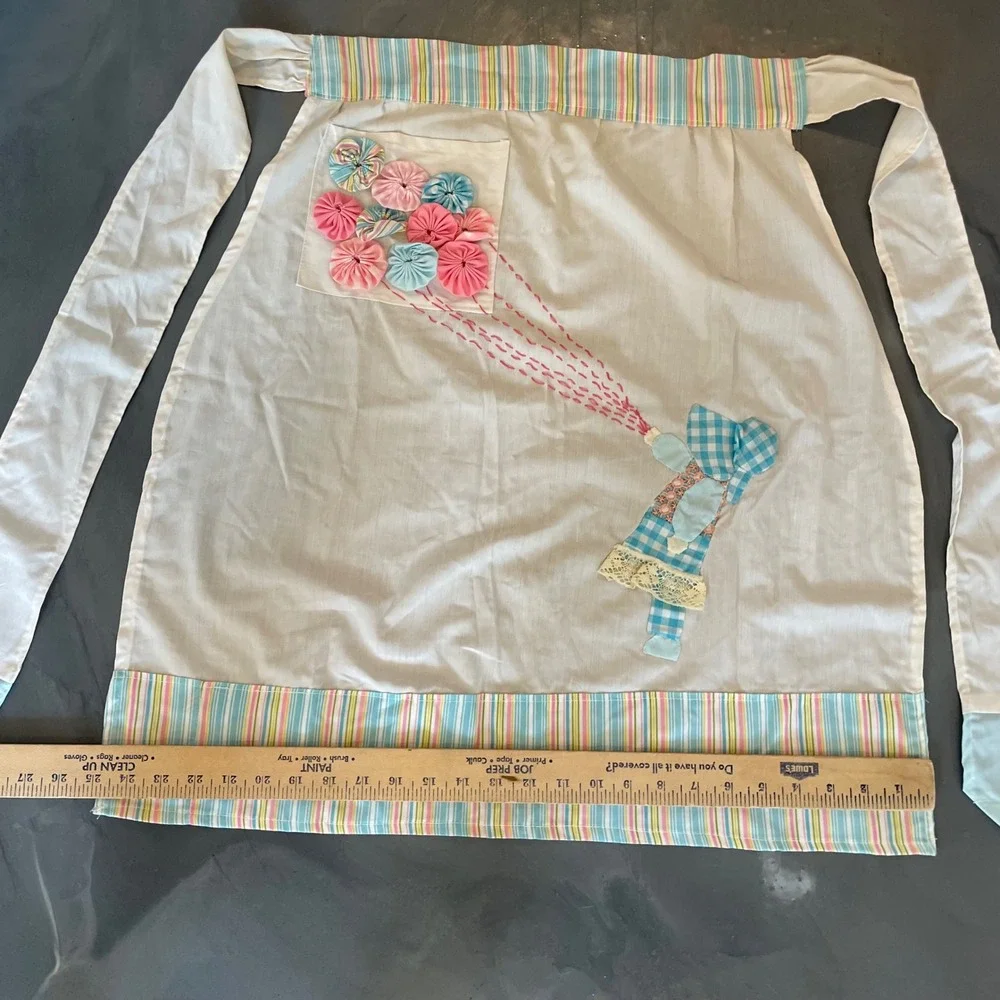 VTG Handmade Sunbonnet Sue Half Apron 3D Balloons‎ Pastel Striped Cottagecore